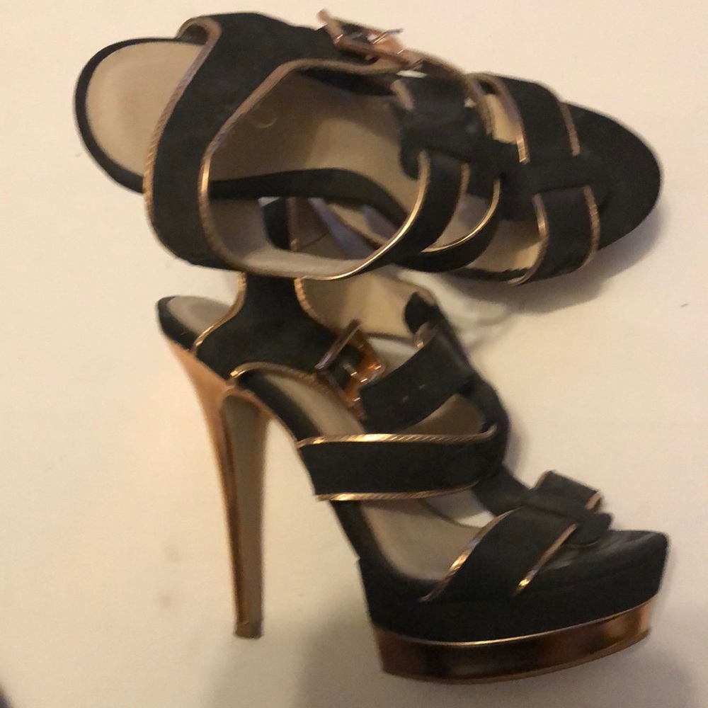 Aldo Black and Gold Strappy Platform Heels